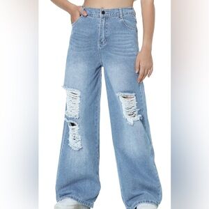 Girls Wide Leg Distressed Blue Jeans 6Y Baggy Jeans